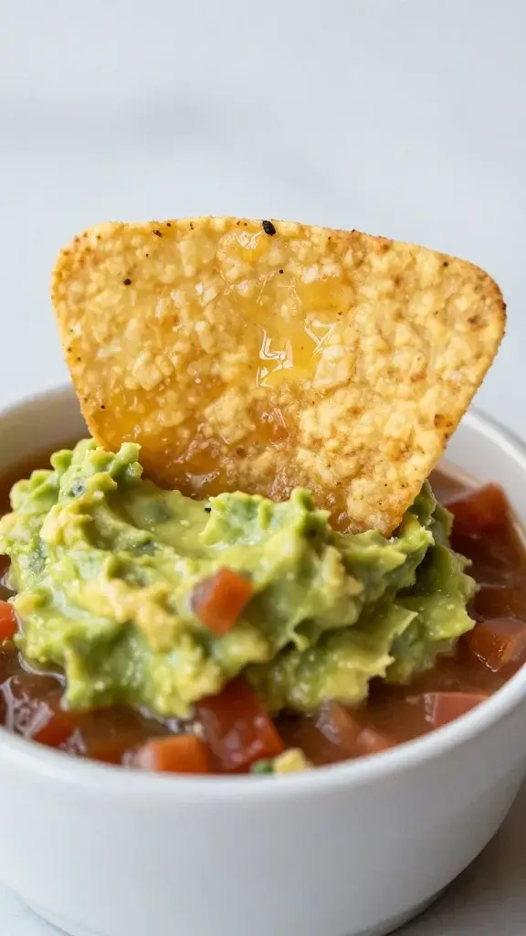 closeup of a single tortilla chip dipped halfway into guacamole-cantina salsa dip, shallow depth of field, soft natural light