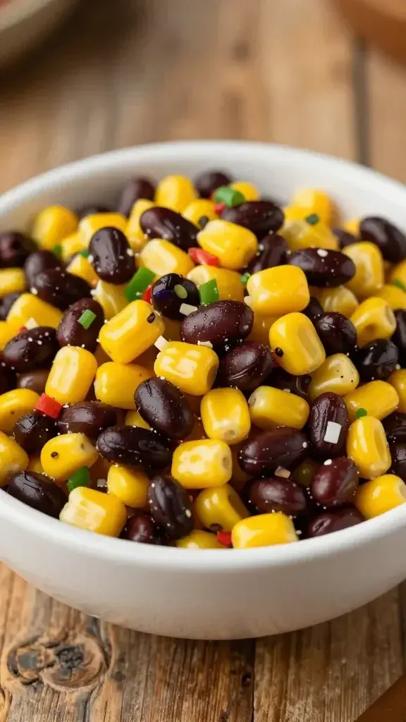 Closeup of a single bowl of spicy black bean corn salsa on a rustic wooden surface