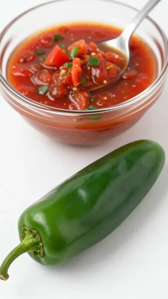 Closeup of a single jalapeño resting beside a spoonful of salsa in a glass bowl