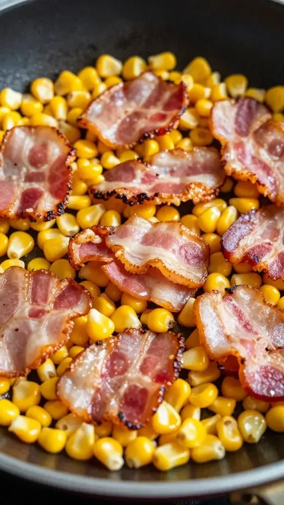 Closeup: crispy bacon bits in skillet with corn kernels