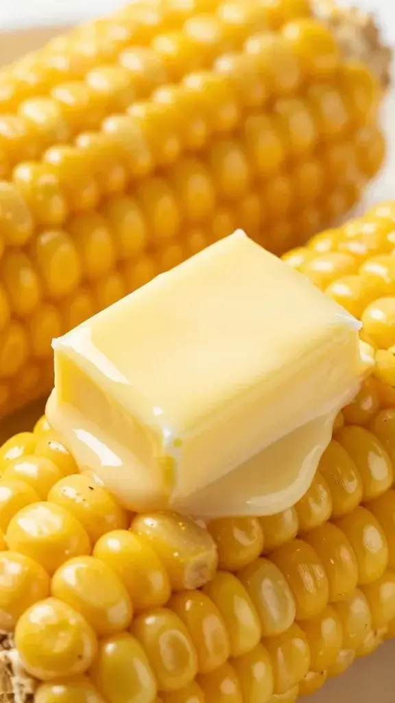 Macro shot: glossy butter melting over sizzling corn kernels