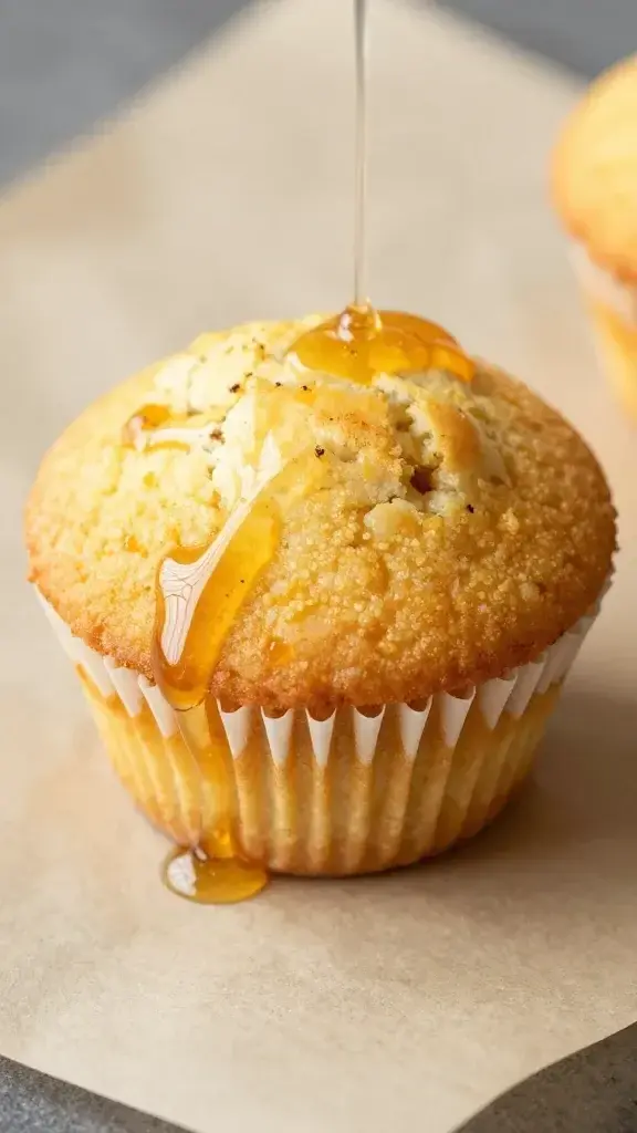 closeup of a single cornbread muffin with honey drizzle on parchment