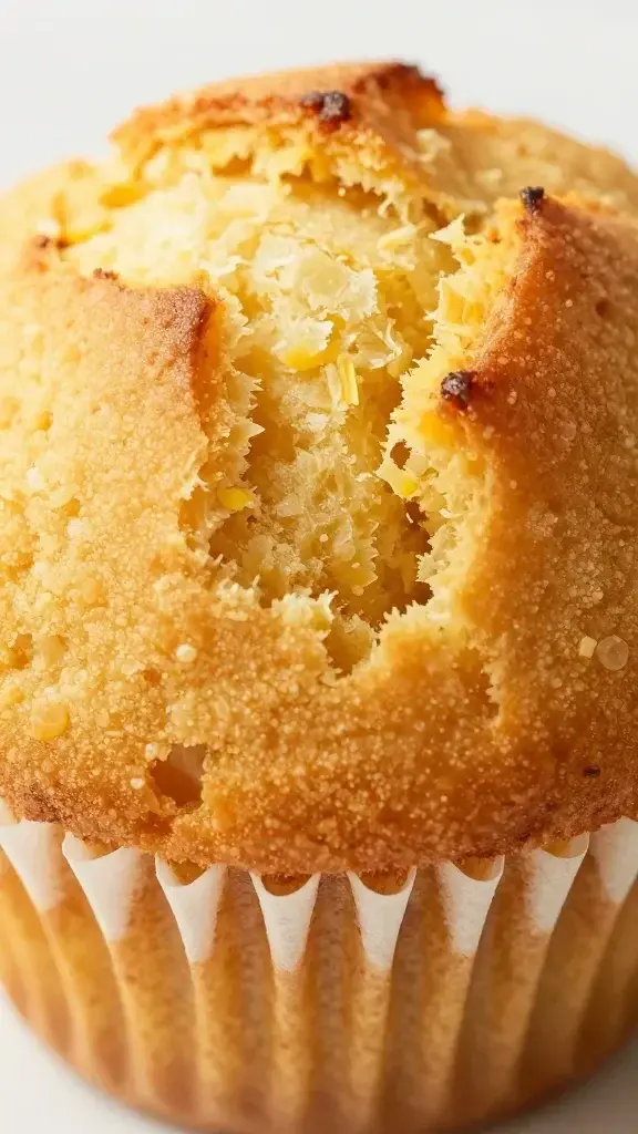 closeup of one warm cornbread muffin splitting open to show crumb texture