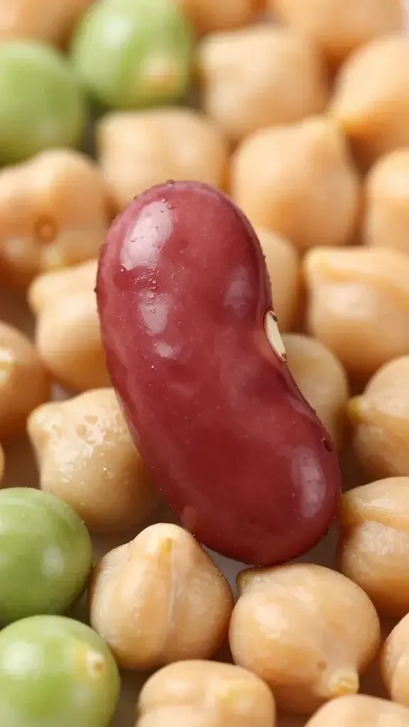 Closeup of a single kidney bean, chickpea, and green bean composition in focus
