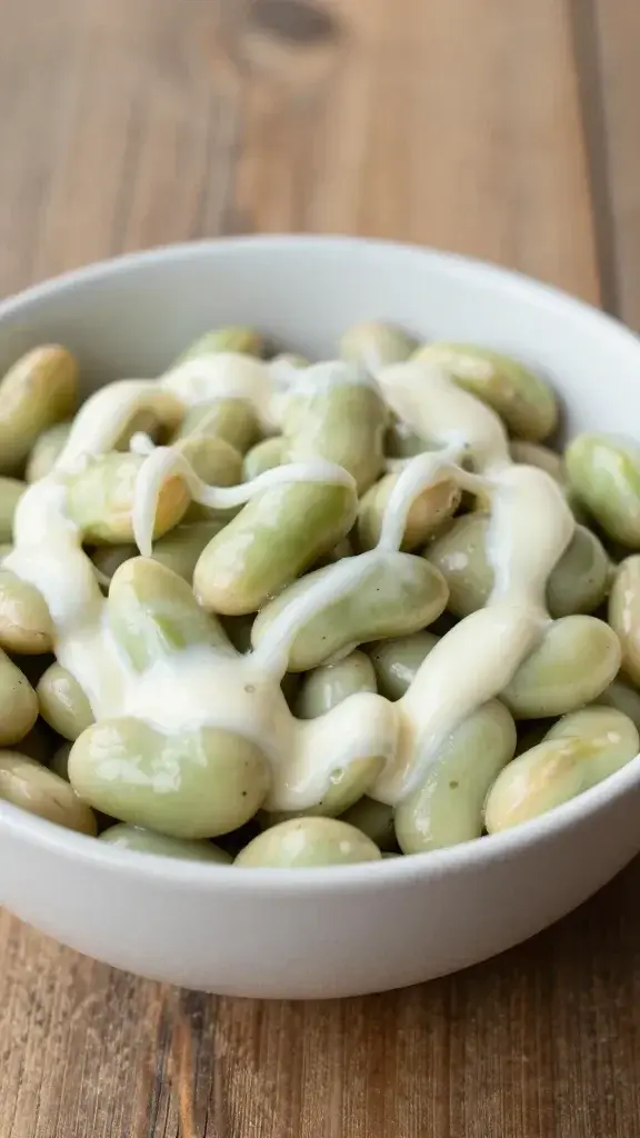 Closeup of a single bean salad bowl with bright dressing on a rustic wooden table