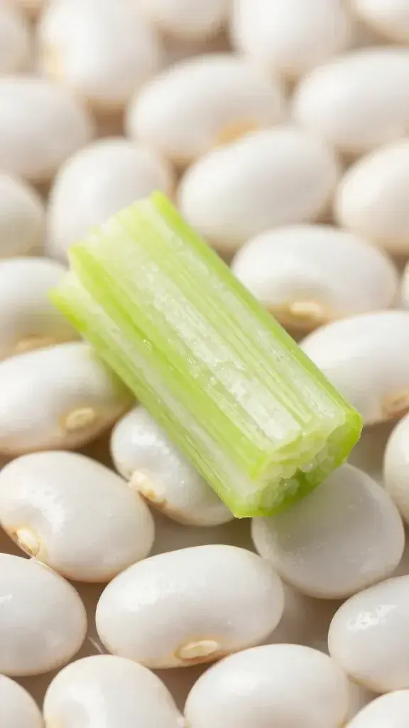 Closeup of a single crisp vegetable fragment beside white beans, dressed gently