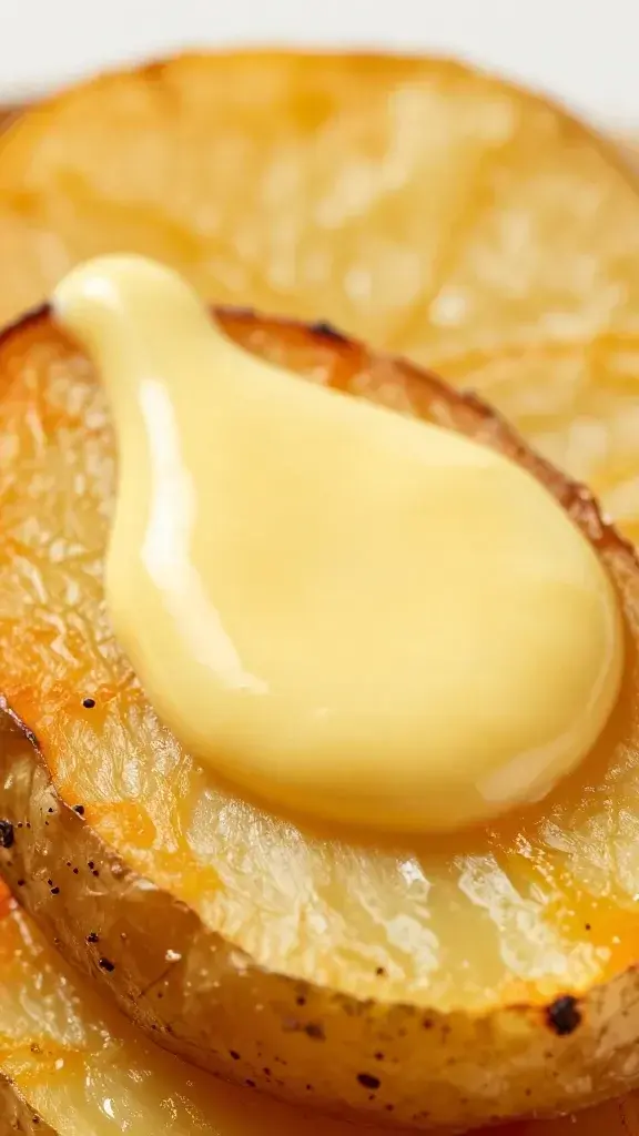 closeup of bright citrus dressing drizzle over orange roasted potato slice