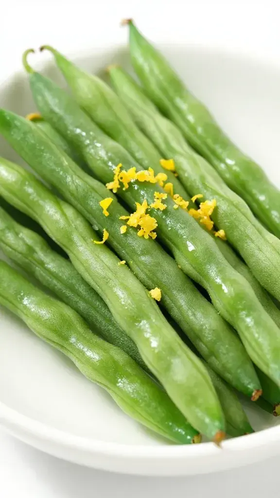 Closeup of glossy garlic green beans in a white bowl, lemon zest light sprinkle