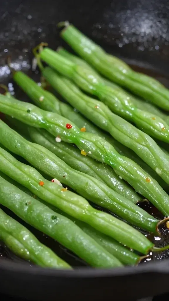 Tight shot of sizzling green beans hitting a cast-iron skillet edge, garlic aromatics visible