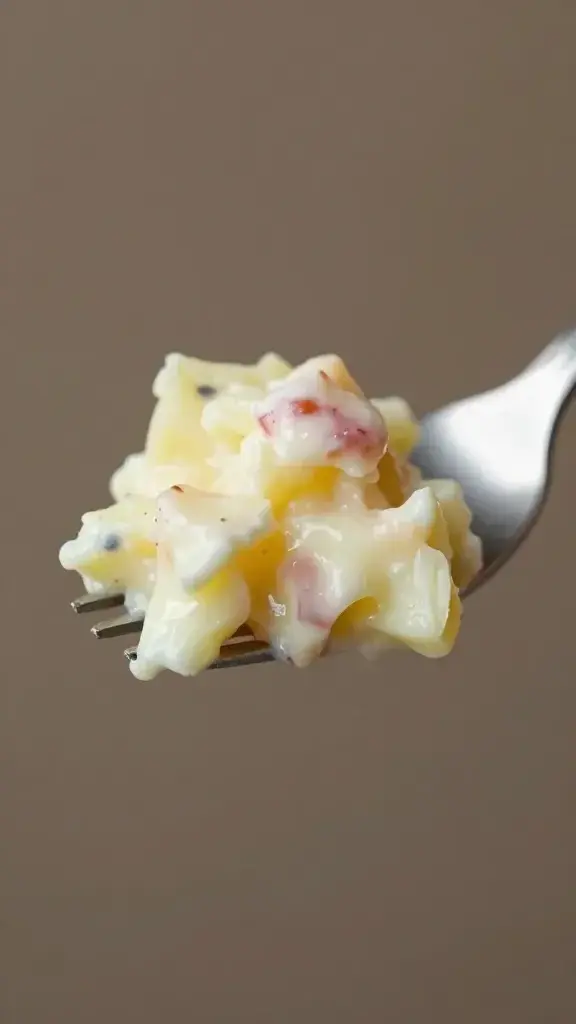 closeup: single potato salad scoop resting on fork