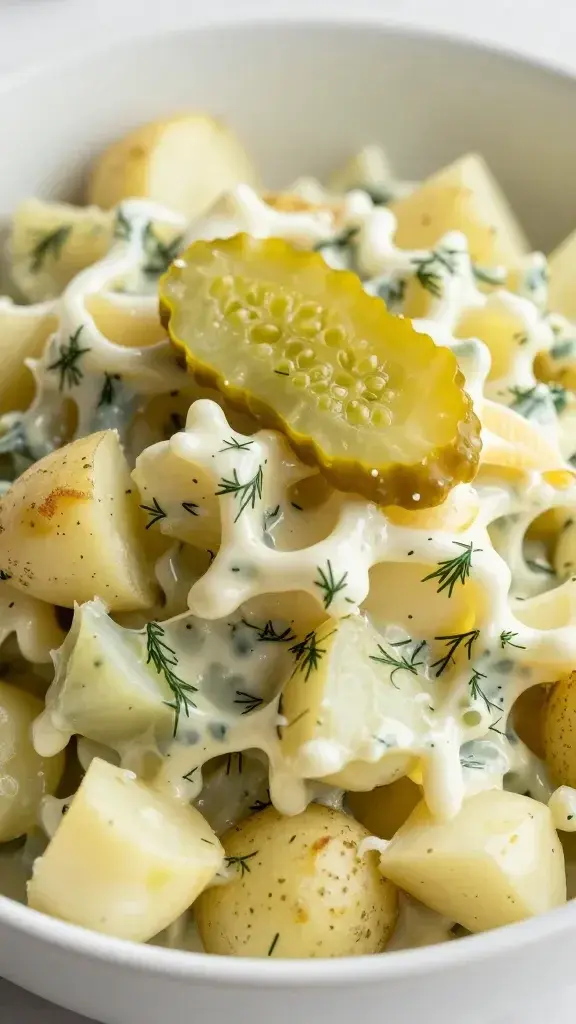 closeup: single bowl of Southern potato salad with dill pickle slice on top