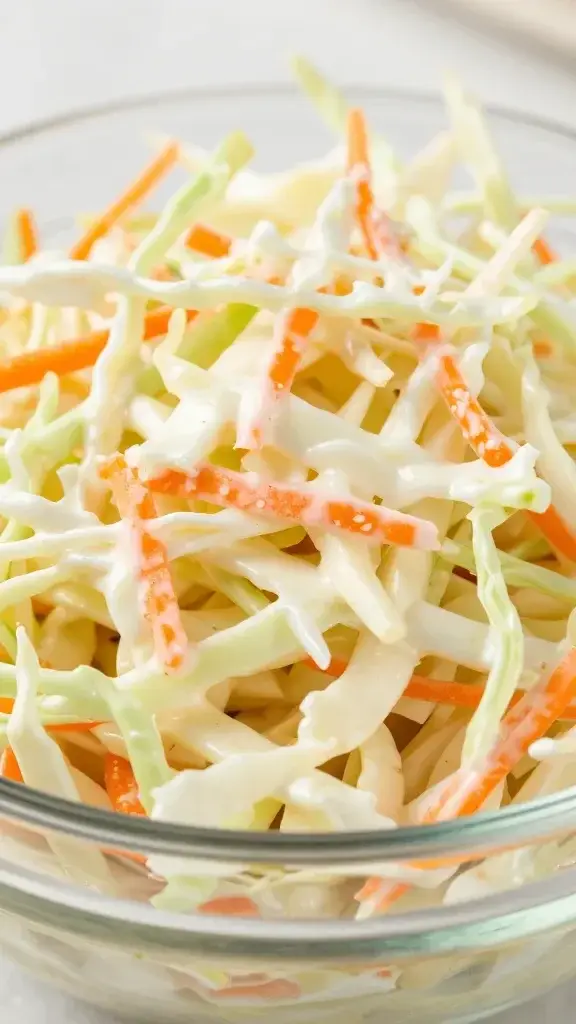 closeup of creamy coleslaw in glass bowl with shredded cabbage and carrots