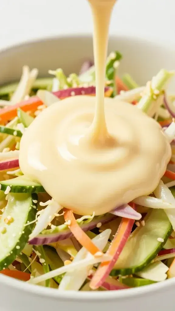 closeup of glossy mayo-based coleslaw dressing drizzle on vibrant slaw bowl