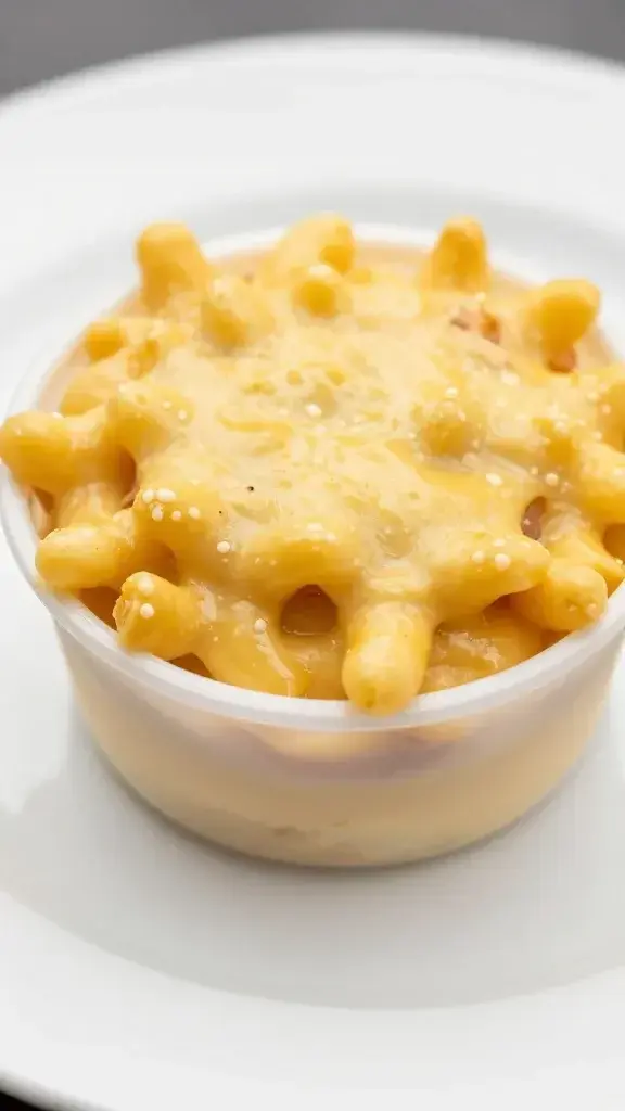 closeup of a single baked mac and cheese cup on white plate