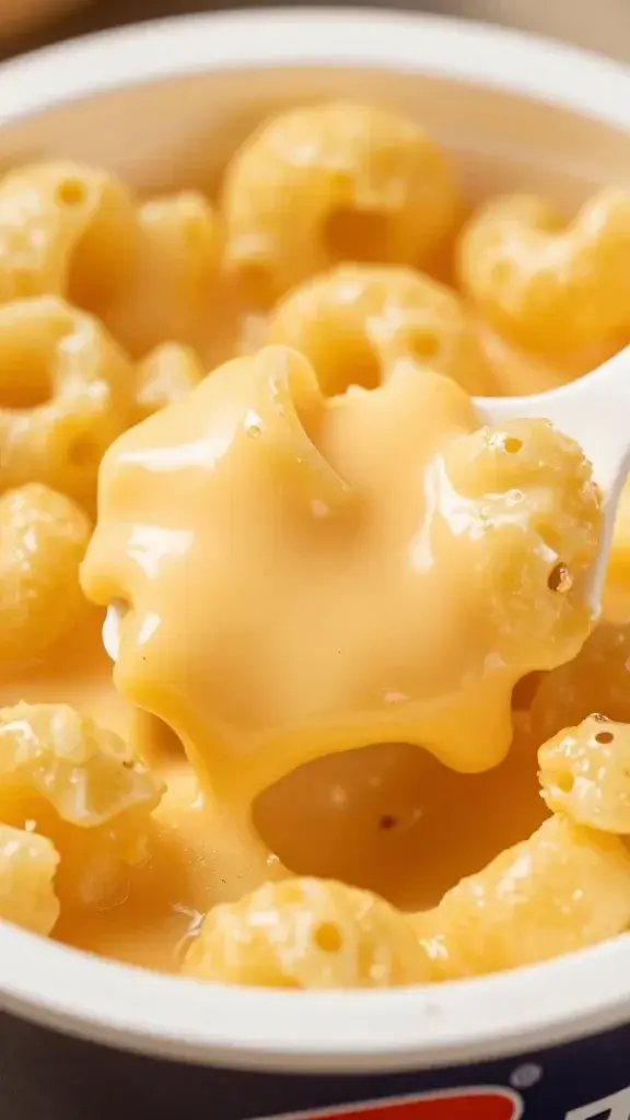 extreme closeup of gooey cheese filling in one mac and cheese cup