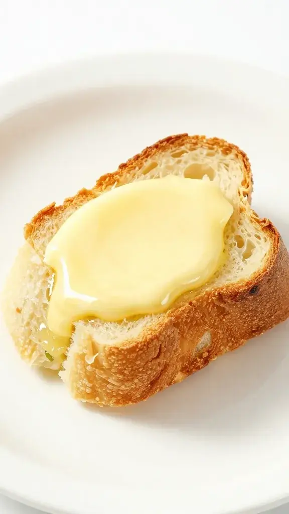 Closeup of garlic bread bite on white plate, butter glaze melted