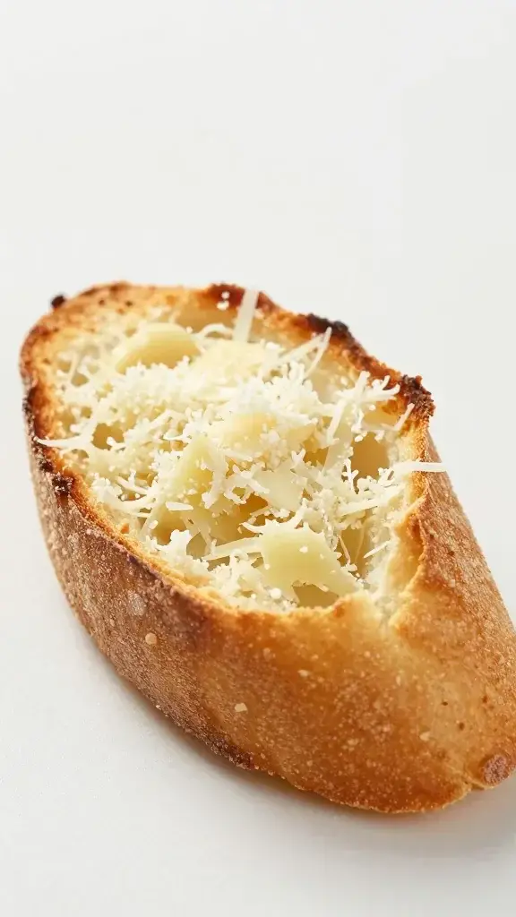Focused shot of a single garlic bread bite with parmesan topping, crispy crust