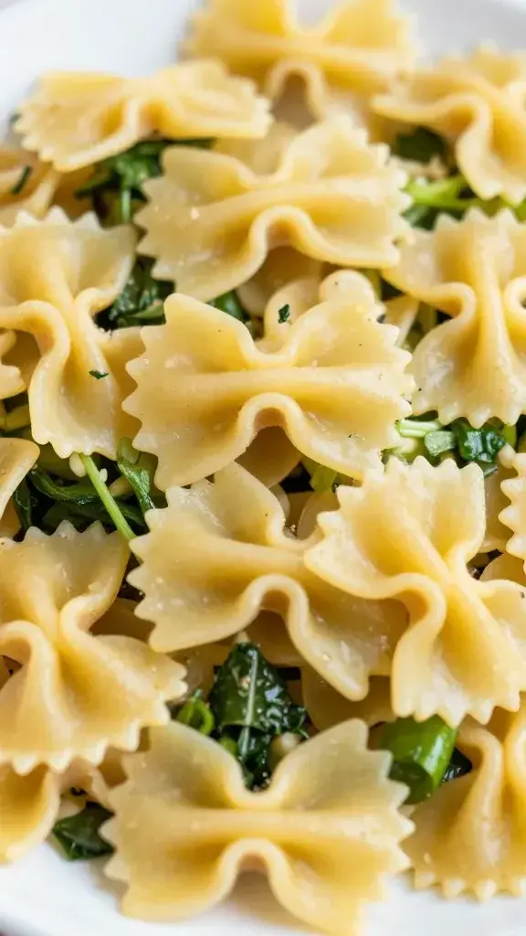 closeup of Italian pasta salad: al dente farfalle with veg