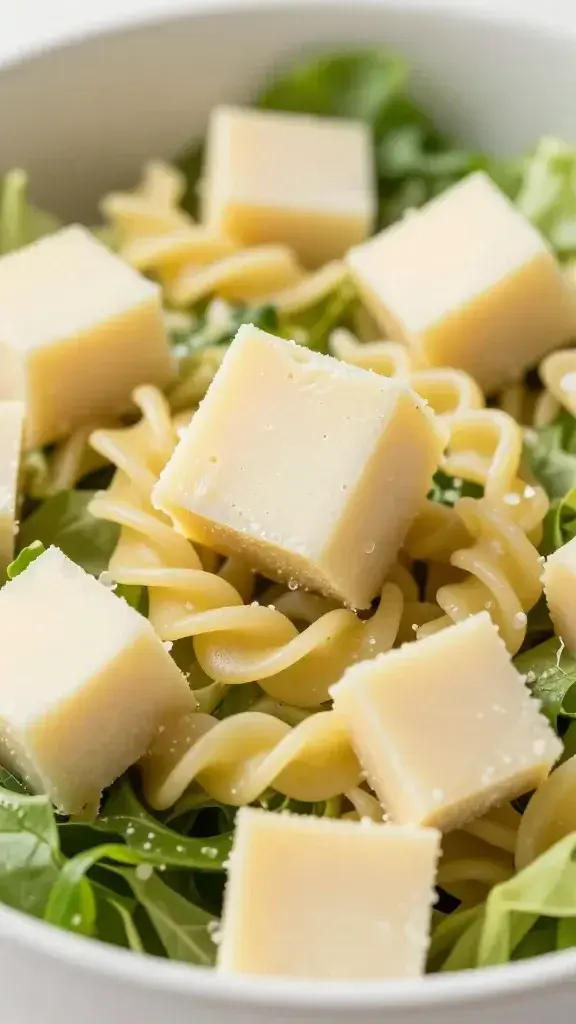 closeup of tangy Italian cheese cubes atop pasta salad bowl