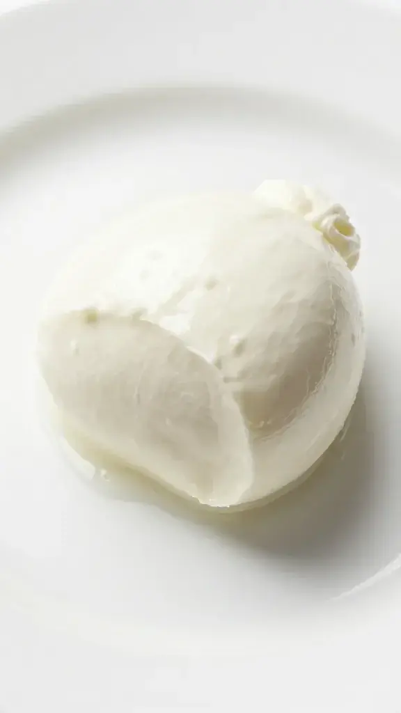Closeup of a single bite-sized mozzarella ball on a pristine white plate