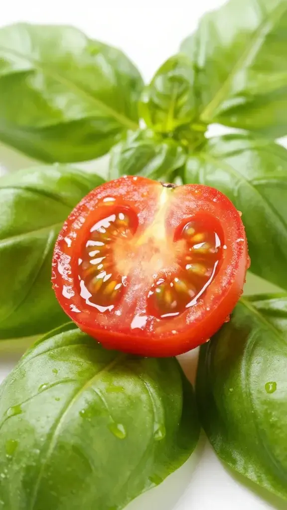 Closeup of a cherry tomato half resting on basil leaves with light drizzle