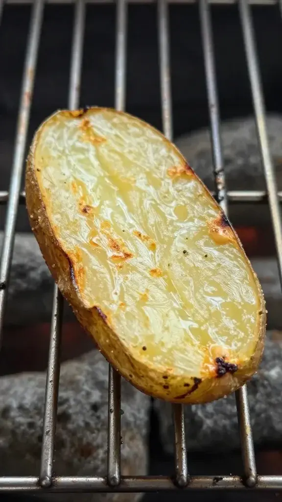 Closeup of a single grilled potato wedge on metal grate
