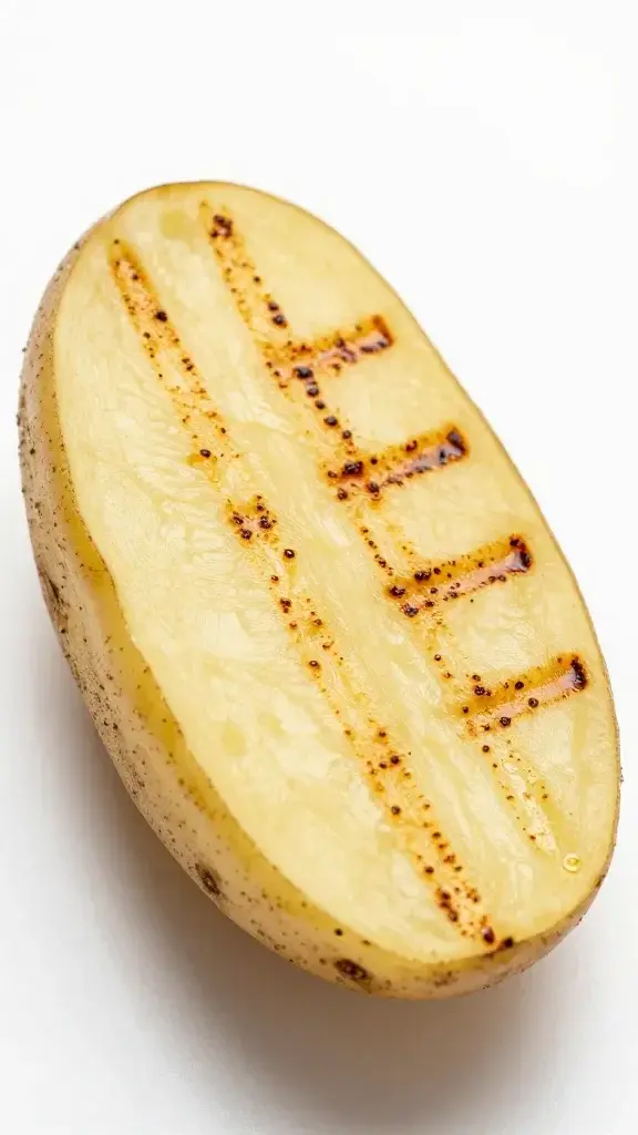 Macro shot of one russet potato wedge with smoky grill marks