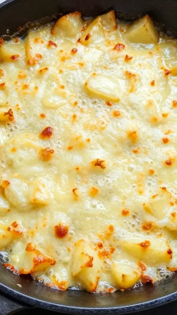 closeup of cheesy potato casserole crust bubbling in skillet