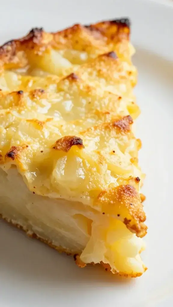closeup of golden-brown cheesy potato casserole corner slice on plate