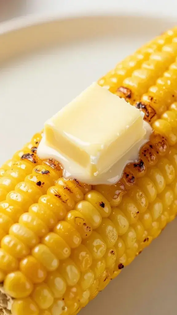 closeup of butter pat melting on grilled corn cob