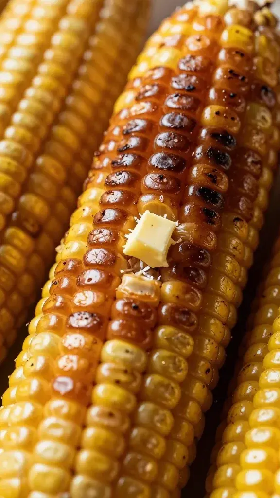closeup of charred corn kernels with butter kernel highlight