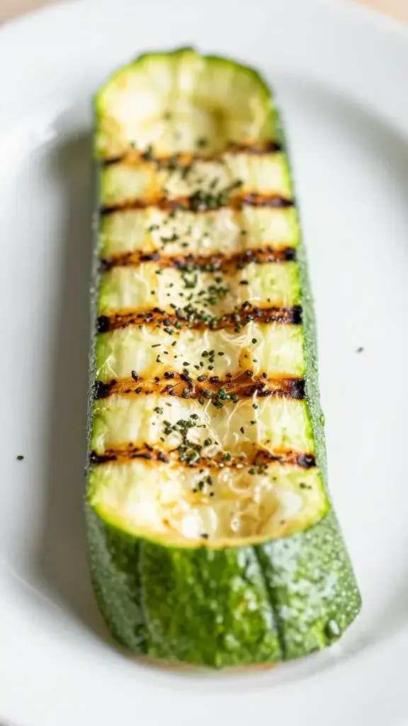 closeup of grilled zucchini ribbon on white plate, herbs