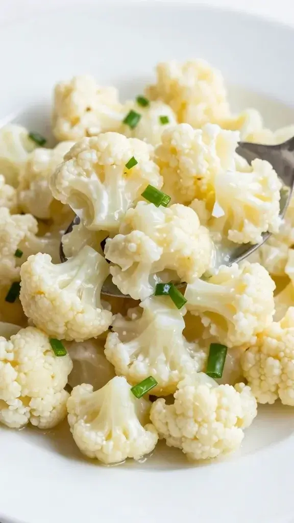 Closeup of cauliflower potato salad scoop on white plate