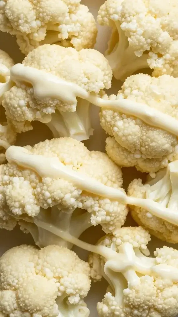 Closeup of creamy mayo-tangy dressing drizzle over cauliflower florets