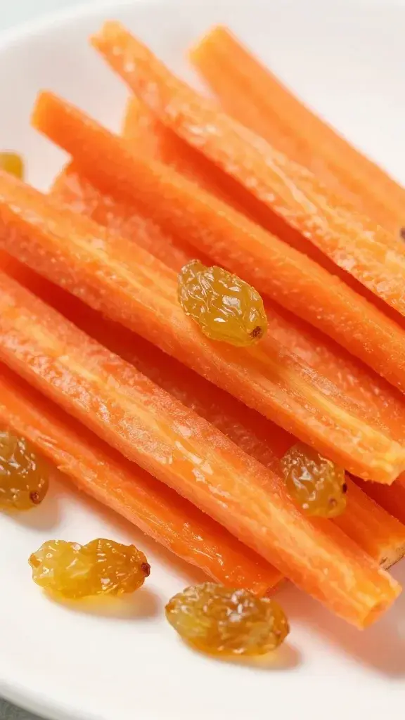 Closeup of shaved carrot strands with golden raisins on white plate