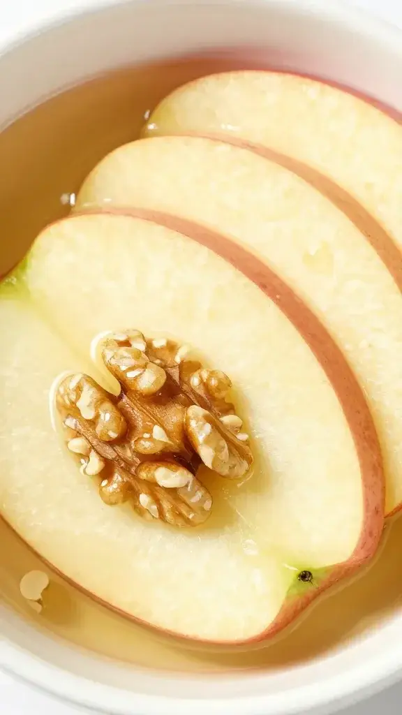 Closeup of thin apple slices and chopped walnuts in bright dressing bowl