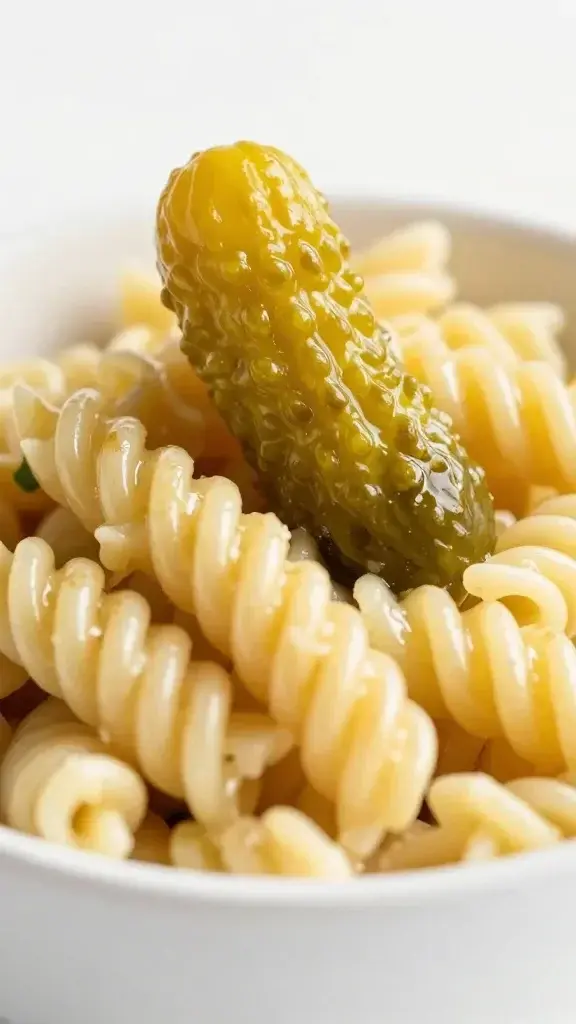 closeup of dill pickle spear atop glossy pasta salad bowl