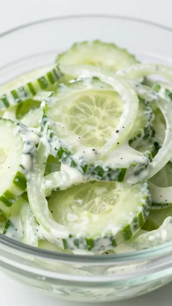 closeup of creamy cucumber onion salad in glass bowl