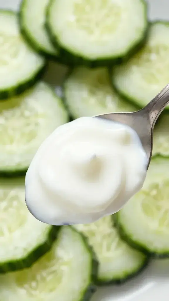 closeup of English cucumber slices with yogurt dressing on rustic spoon