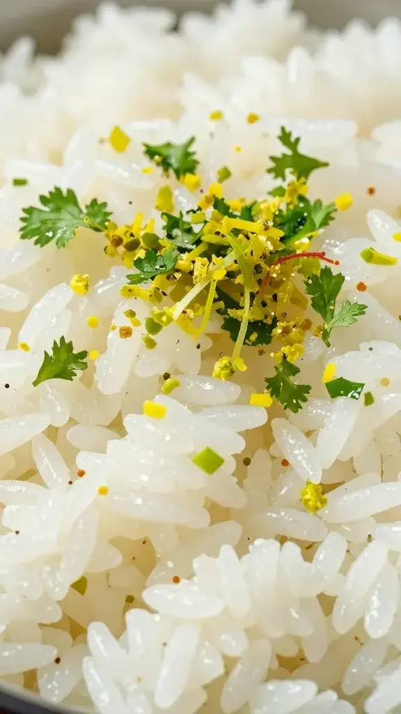 Closeup of lime zest and cilantro on fluffy rice