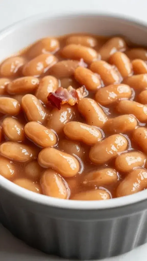 closeup of creamy bacon baked beans in a rustic ramekin