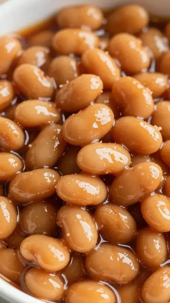 Closeup of a single bowl of oven-baked beans, rich glaze in focus