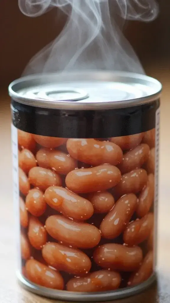 Closeup of a single can with baked-beans label, steam rising, shallow depth of field