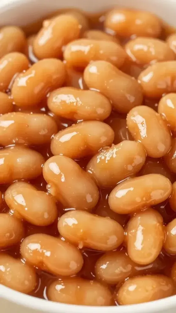 closeup of glossy sweet-smoky baked beans in bowl