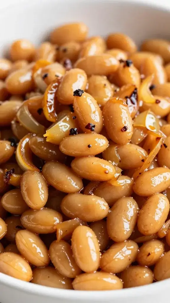 closeup of caramelized onion-garlic sauté under beans bowl