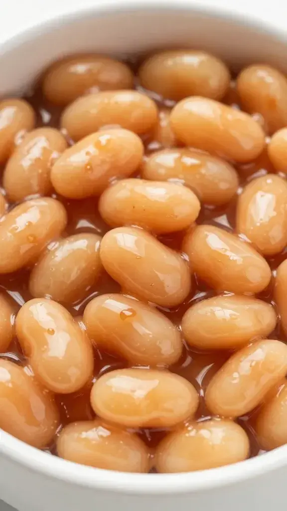 Closeup of a glossy bean glaze in a baked beans mug