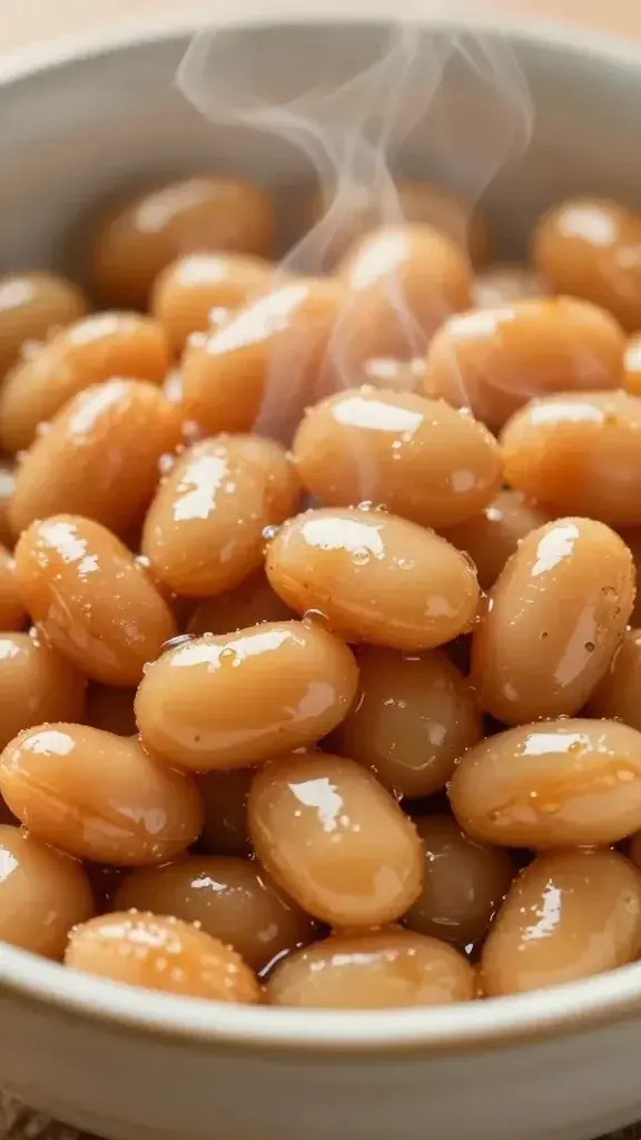 Closeup of steaming miso-glazed beans in a ceramic bowl