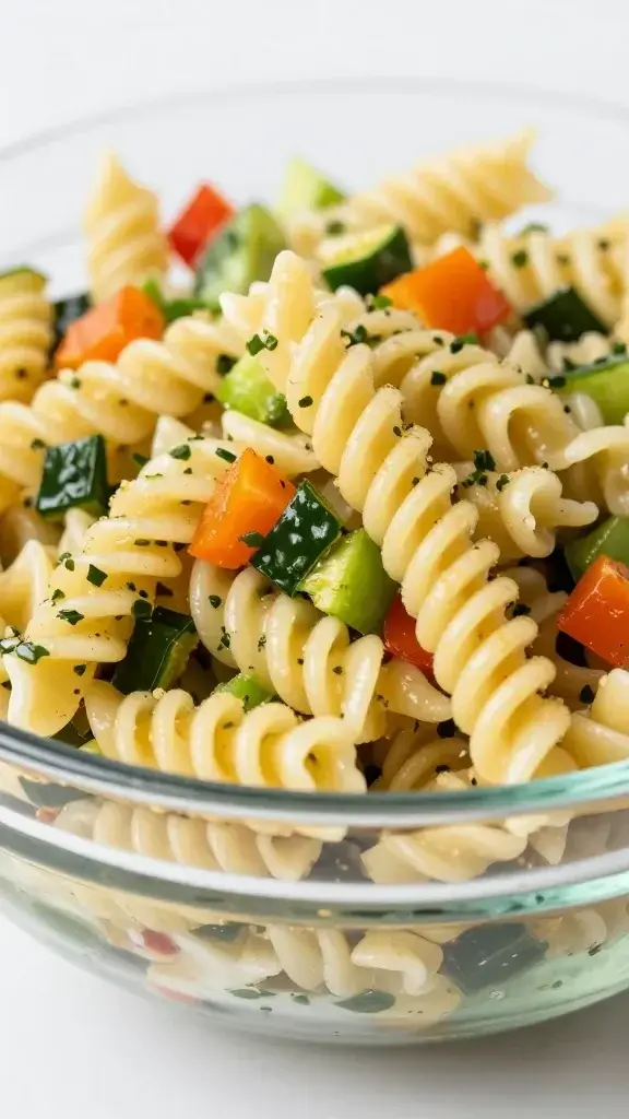 closeup of ranch pasta salad in glass bowl with crunchy vegetables