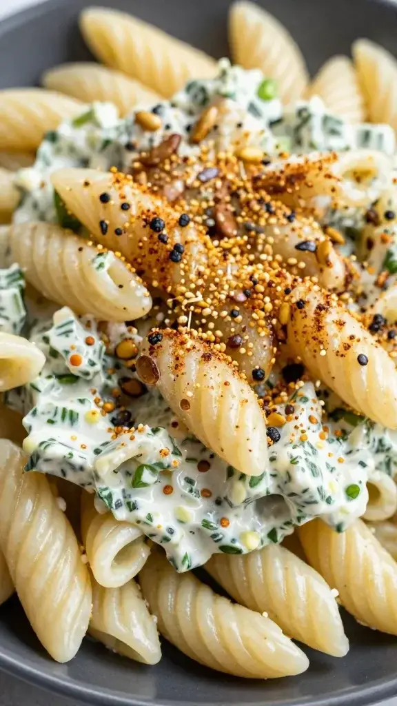 closeup of toasted seeds sprinkled over ranch pasta salad on dark plate