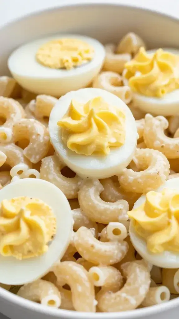closeup of creamy deviled egg macaroni salad bowl highlight